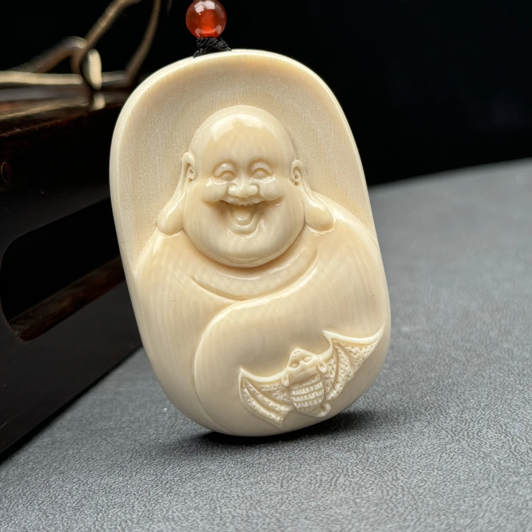 H86-18天然猛犸象牙弥勒雕刻牌支持复检 假一罚四