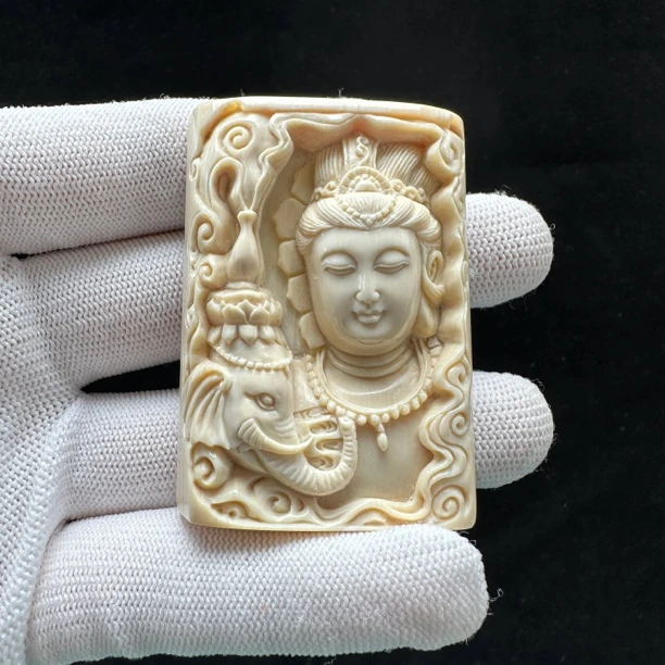 K4640天然猛犸牙雕刻 普贤 41*56.5*16mm支持鉴定 假一罚四