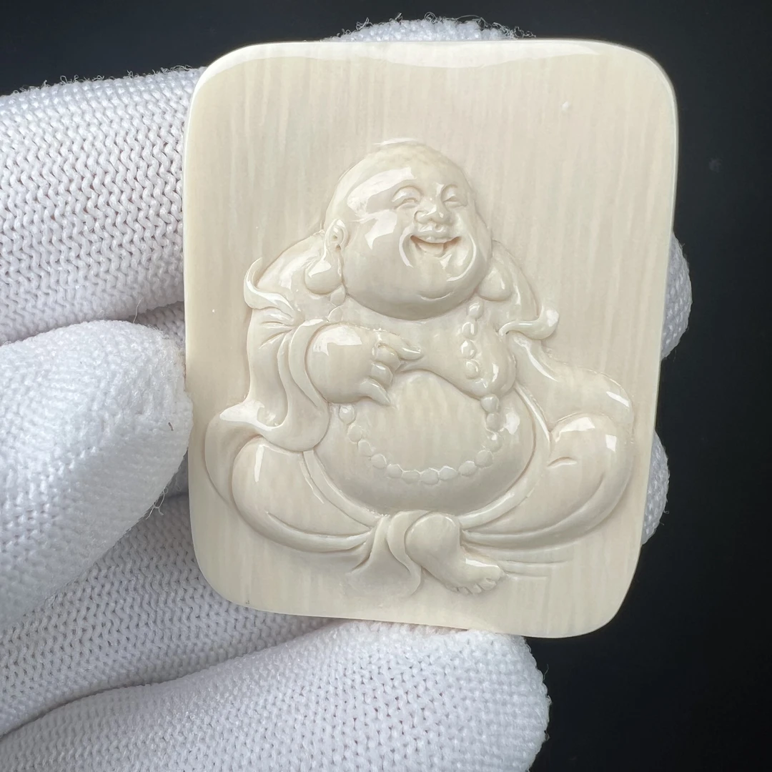 H2231 天然猛犸牙 雕刻弥勒 34*43*9mm支持鉴定 假一罚四