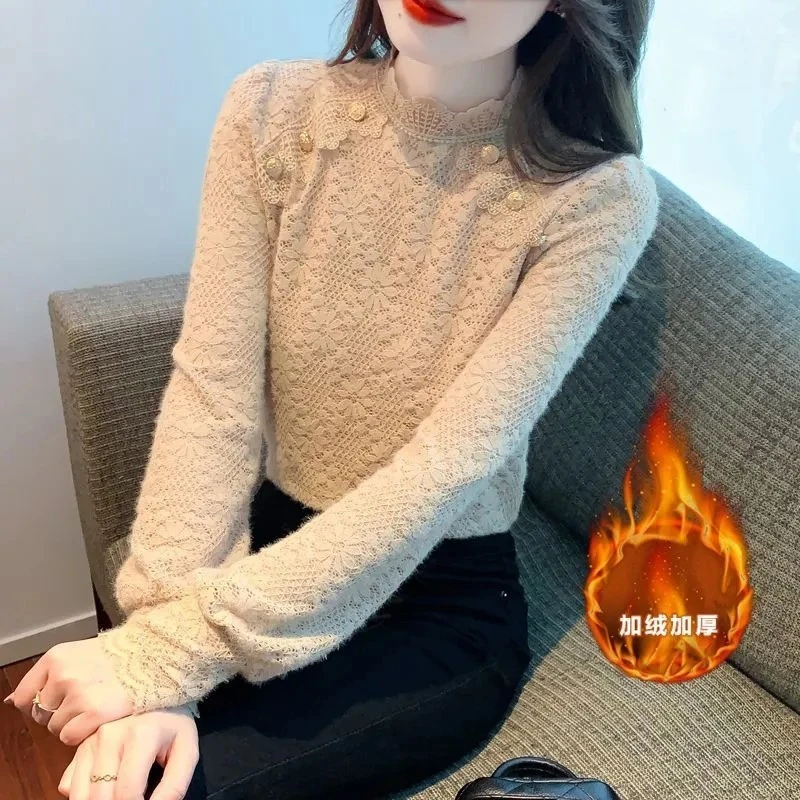 洋气百搭秋冬新款保暖蕾丝衫爆款女上衣半高领加绒加厚遮肉打底衫