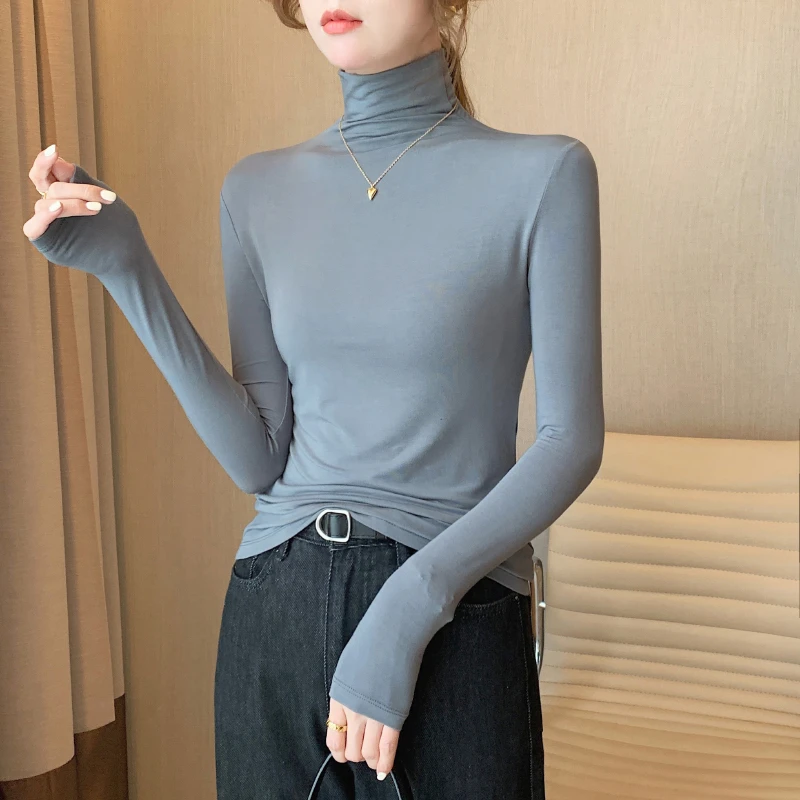 灰色莫代尔高领打底衫女内搭春秋冬2025新款薄款修身长袖高领上衣