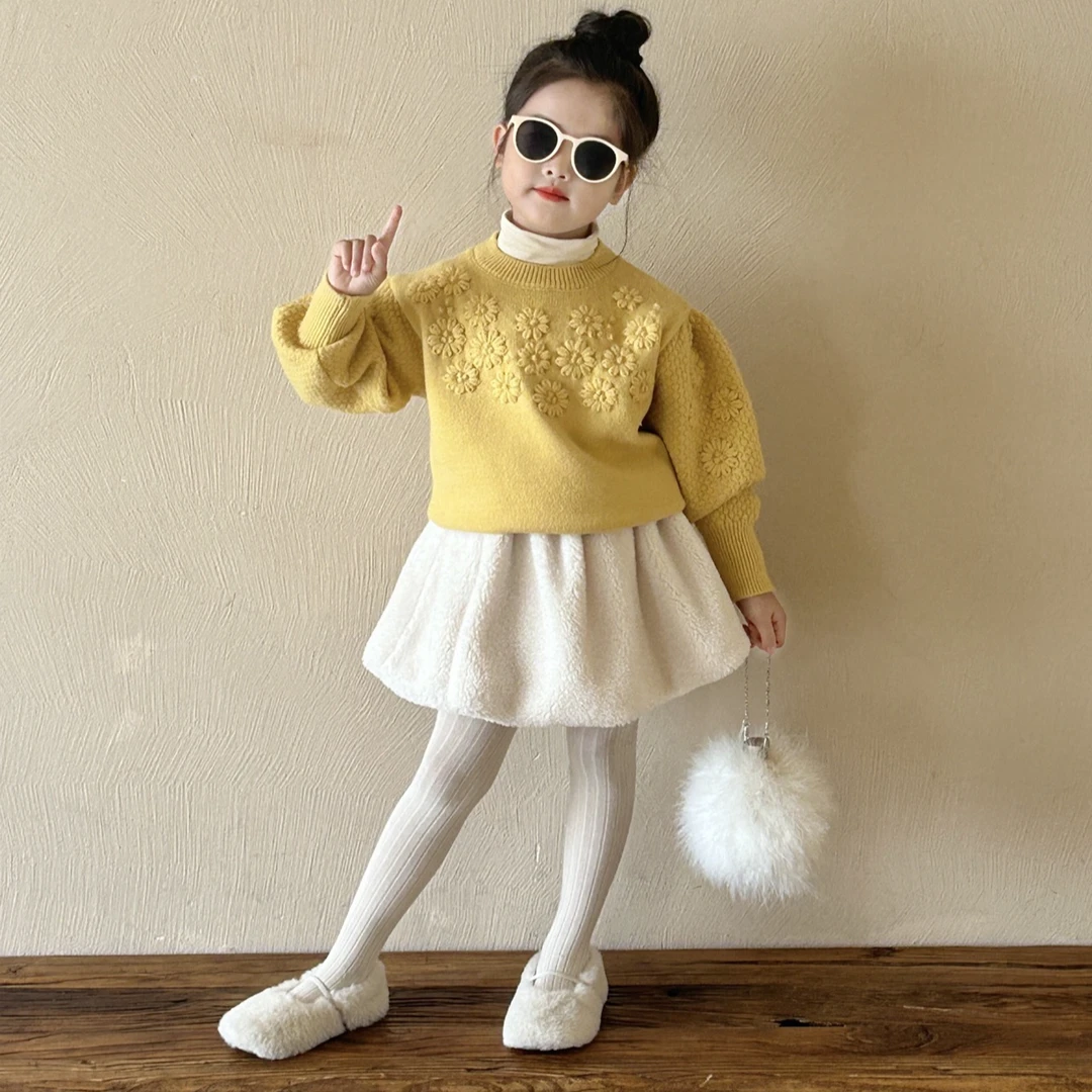 女童冬季新款黄色花朵毛衣+米色毛绒短裙两件套套装百搭洋气韩版
