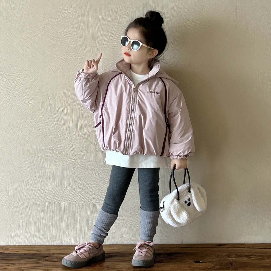 『洛屿』女童冬季新款粉色连帽夹棉加厚棉服外套打底裤套装韩版