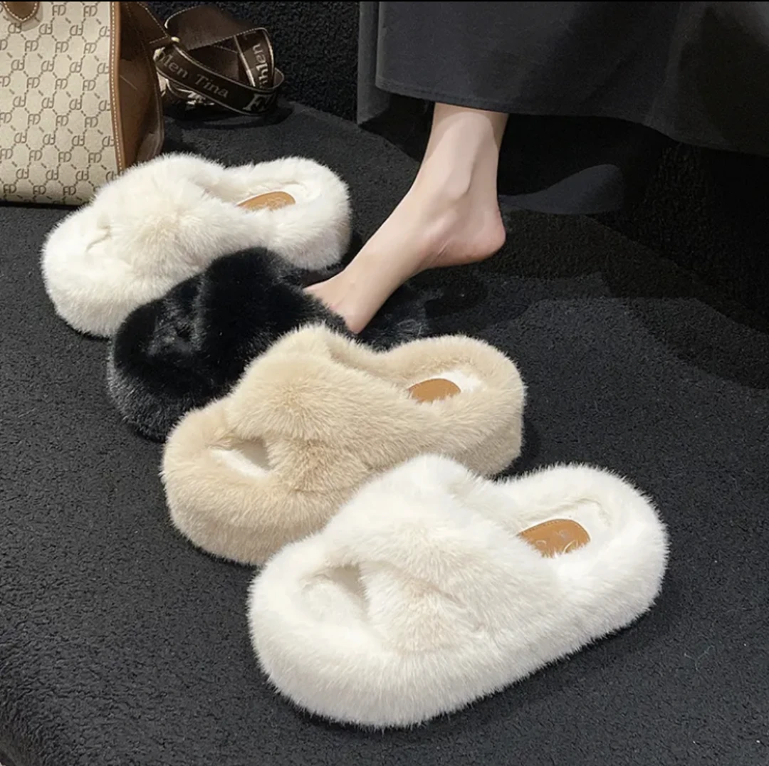 新款交叉网红仙女毛毛拖鞋女外穿厚底防滑舒适秋冬居家百搭款9
