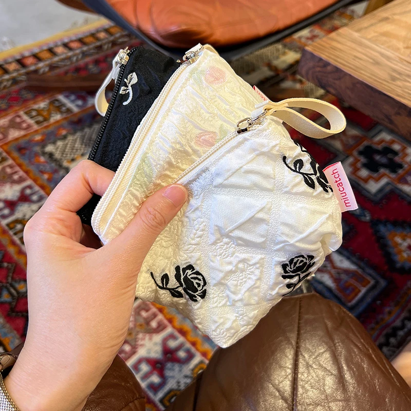 美摘玫瑰花小小包卡包钥匙蓝牙耳机化妆包小号迷你便携收纳软布袋