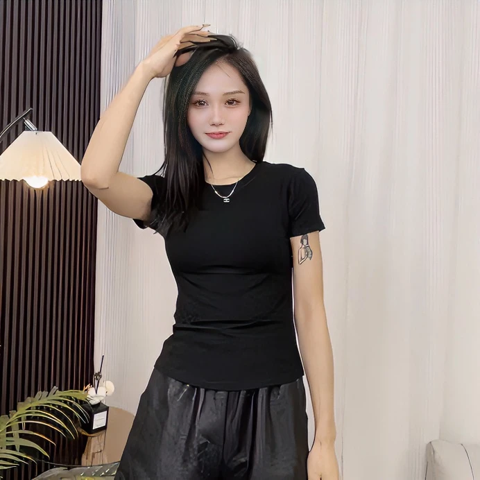 修身圆领内搭正肩短袖T恤女韩版百搭2024夏季新款半袖上衣打底衫