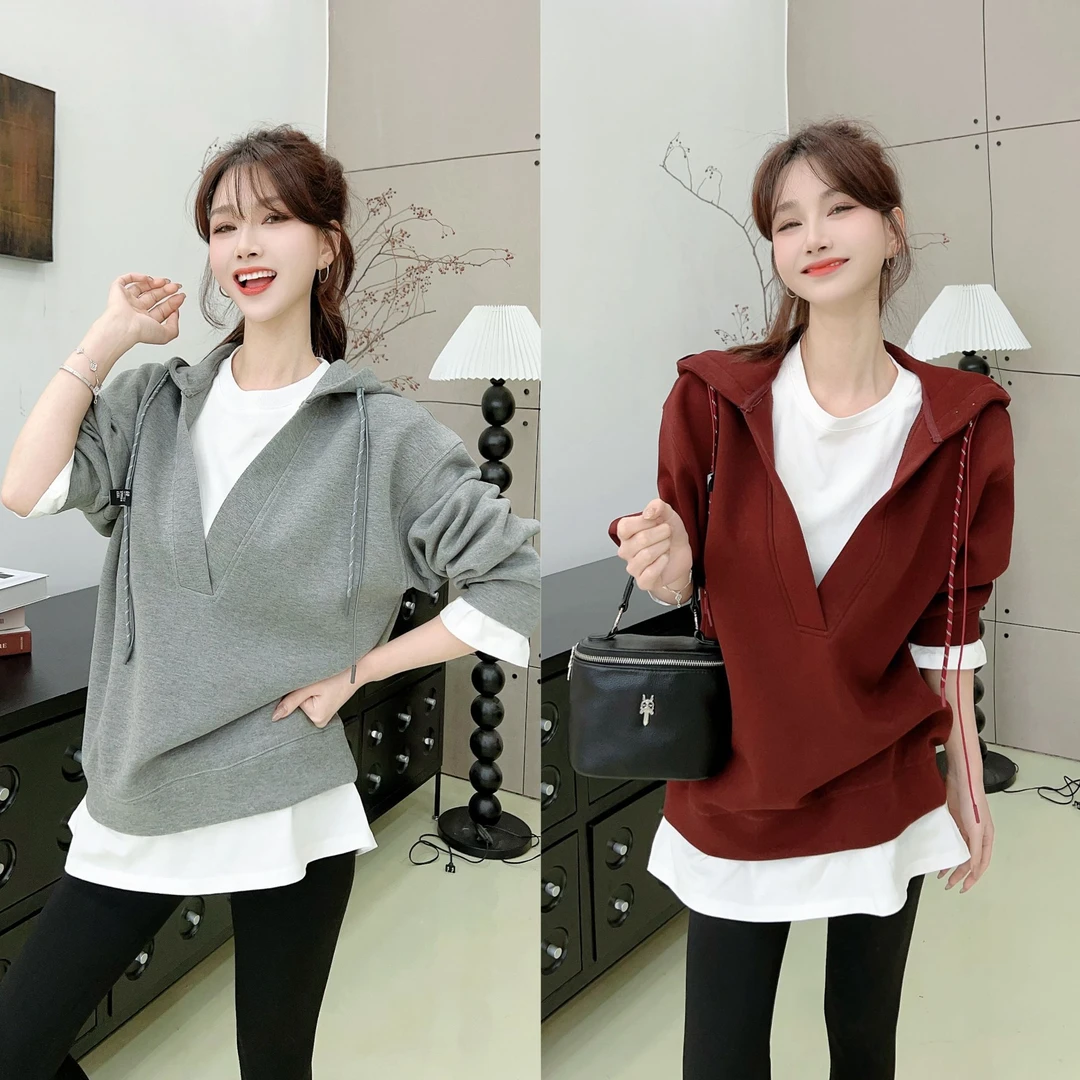 《韩系休闲》松弛感假两件V领连帽卫衣 （#8365）