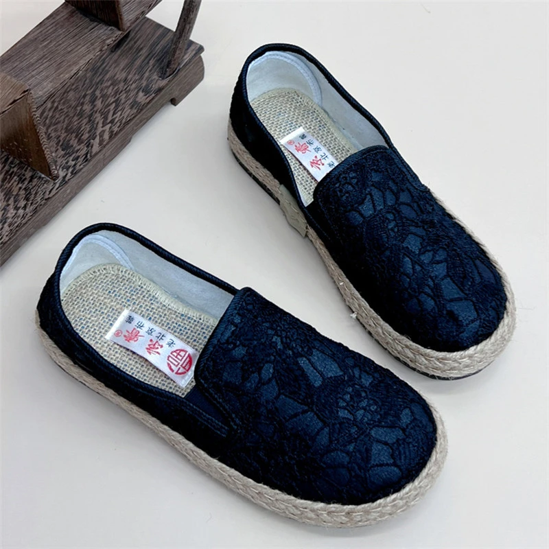 2024年春季单鞋女编织休闲新款蕾丝懒人渔夫一脚蹬平底透气妈妈鞋