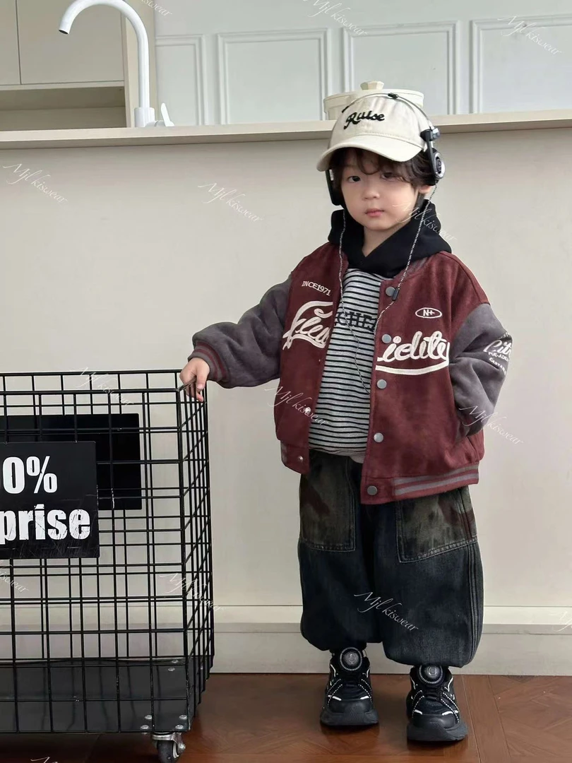 MJL 韩版深秋 棒球服 连帽卫衣 牛仔裤 儿童组合套装A881