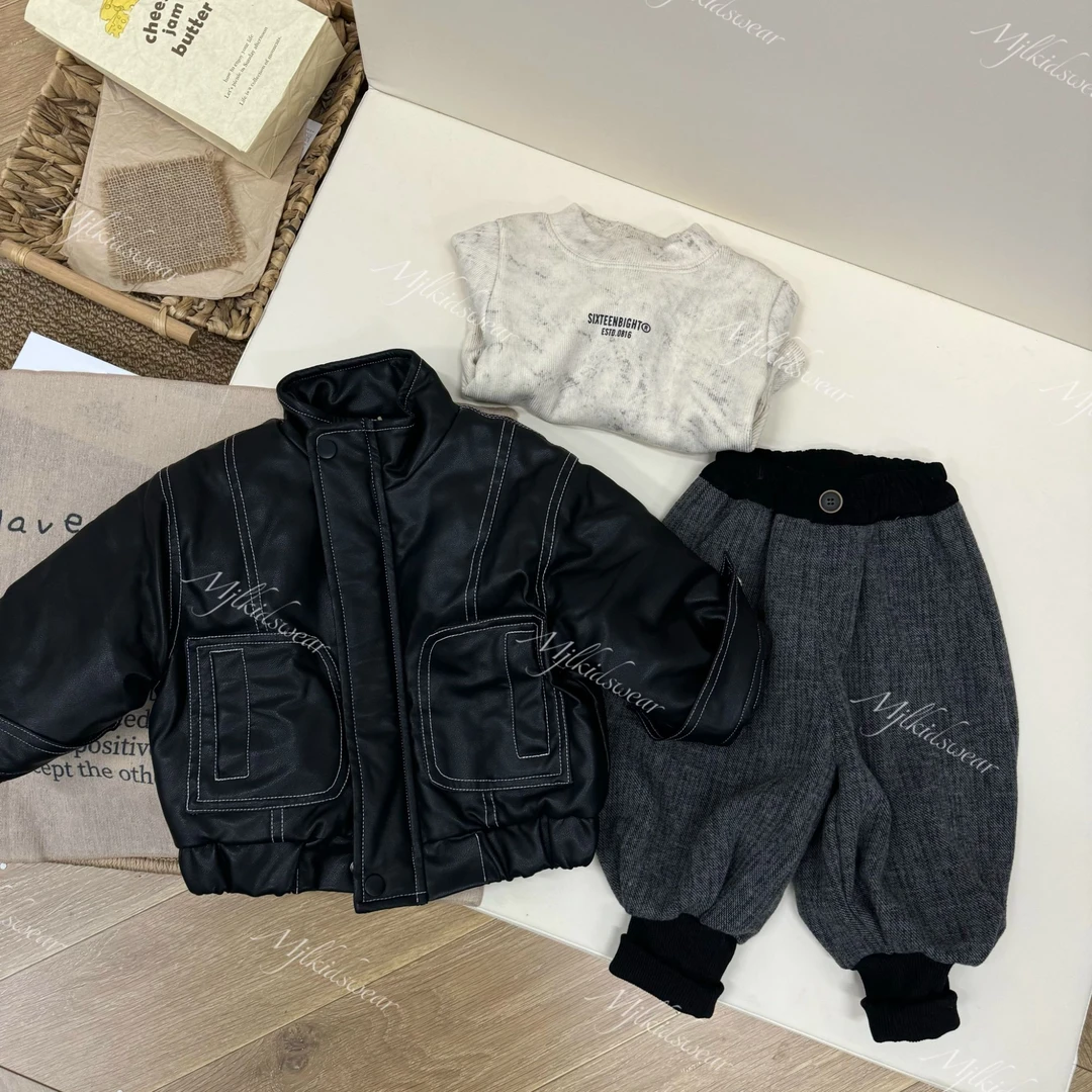 MJL 韩版深秋 皮衣 打底 休闲裤 儿童组合套装A909