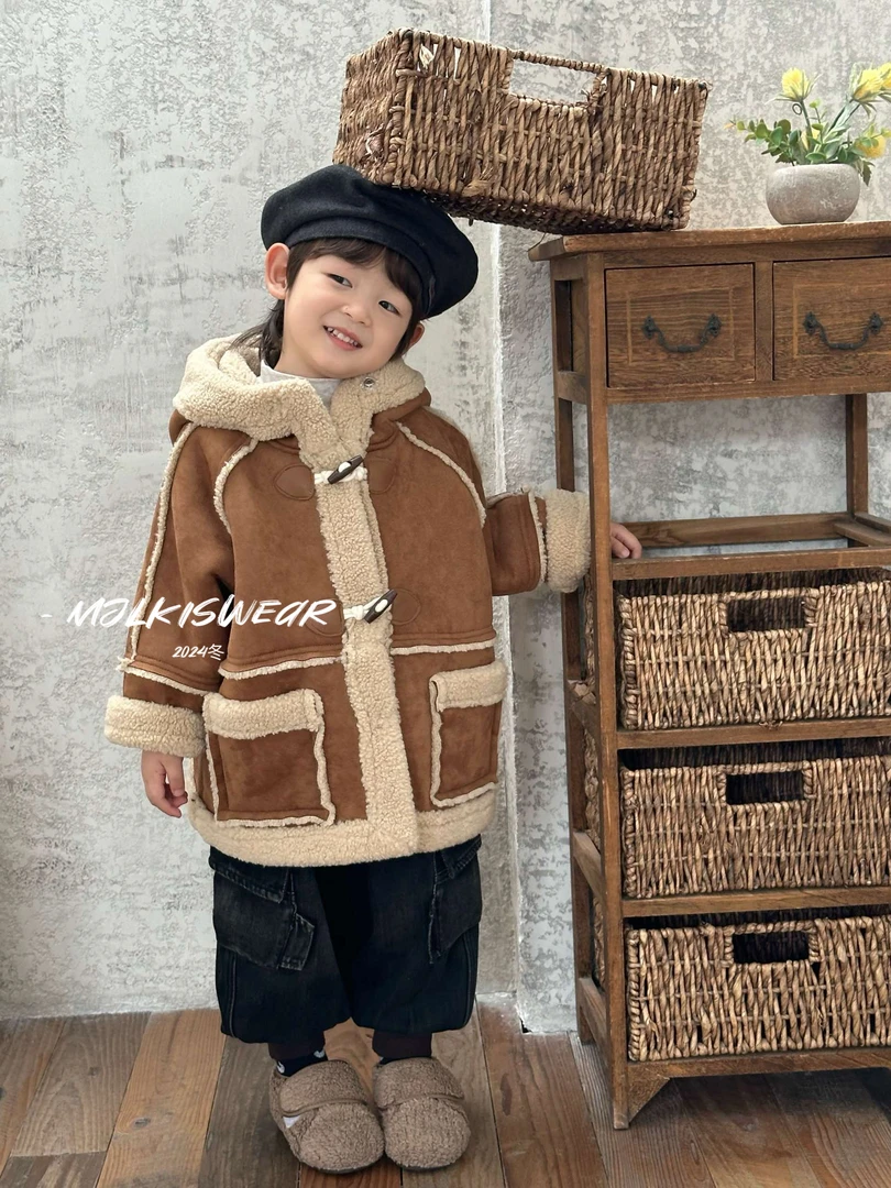 MJL 冬款韩版 牛角扣连帽中长款儿童外套裤子套装A927