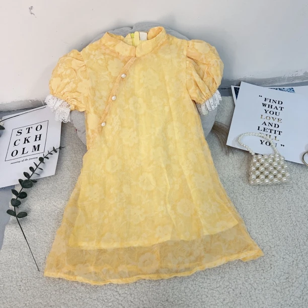 2024夏季新款韩版女童复古花朵旗袍公主连衣裙