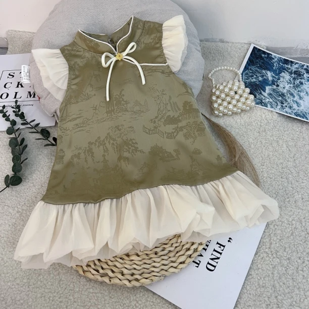 女童2024新款夏款时髦新中式复古立领花苞鱼尾裙旗袍裙洋气时尚