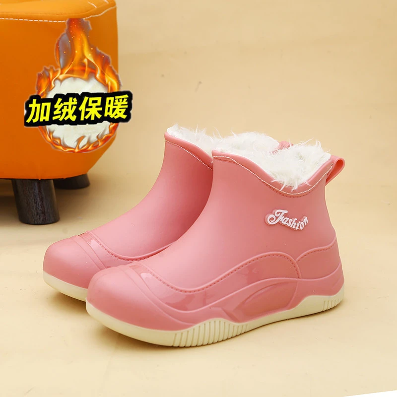 时尚短筒卡通风雨鞋女士加绒防滑雨靴外穿防水鞋耐磨软底冬季中筒