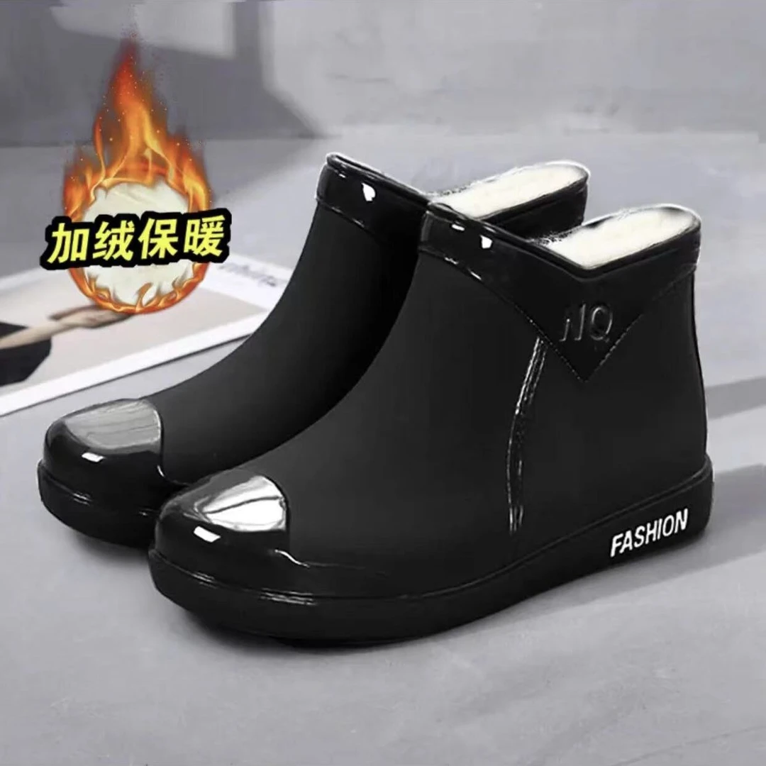 雨鞋女防寒保暖加绒时尚短筒工作雨鞋厚底防滑耐磨外穿一体胶鞋女
