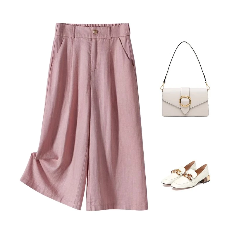 天丝亚麻八分阔腿裤女2024年夏季新款松紧高腰显瘦休闲薄款直筒裤
