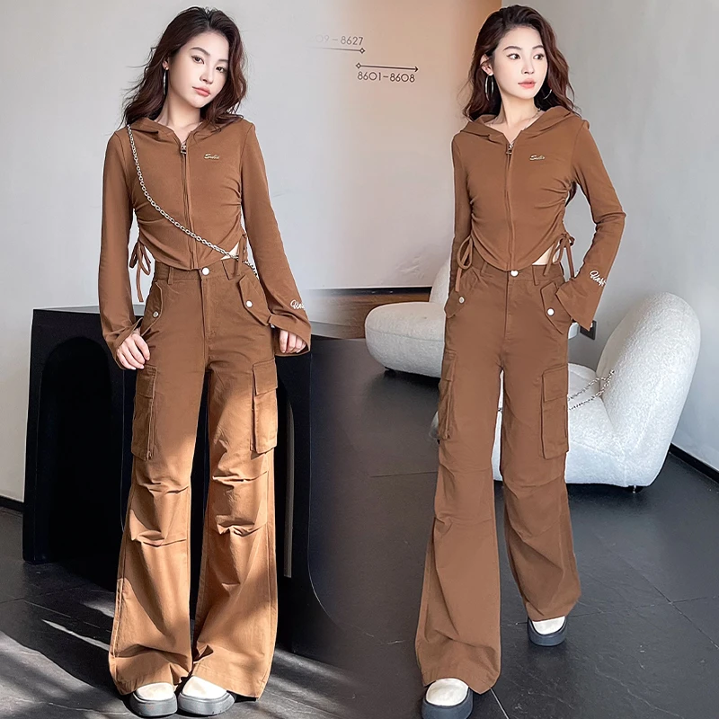 辣妹高腰工装裤套装女秋季新款洋气长袖上衣领t恤上衣炸街两件套