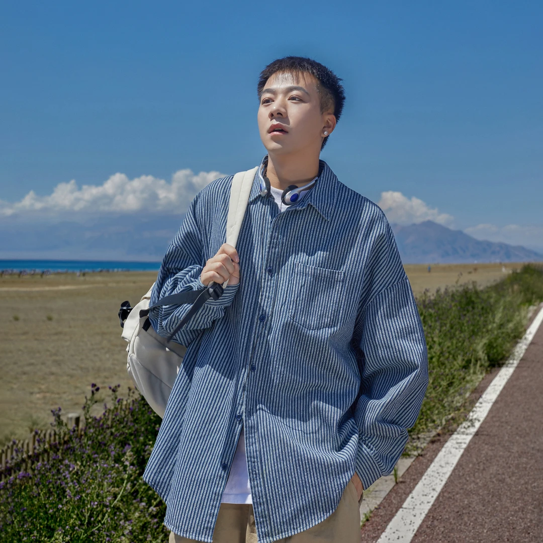 日系长袖条纹衬衫百搭男秋季复古cityboy休闲翻领男生衬衣外套