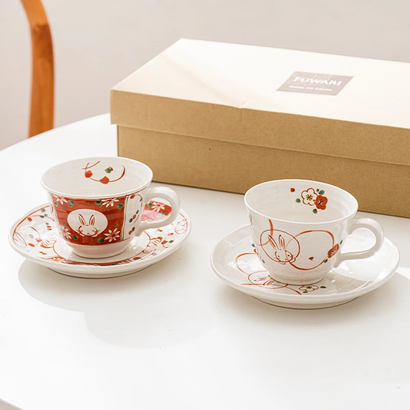 日本进口夫妻情侣对杯小鹿田烧赤绘樱花兔陶瓷马克杯日式咖啡杯子