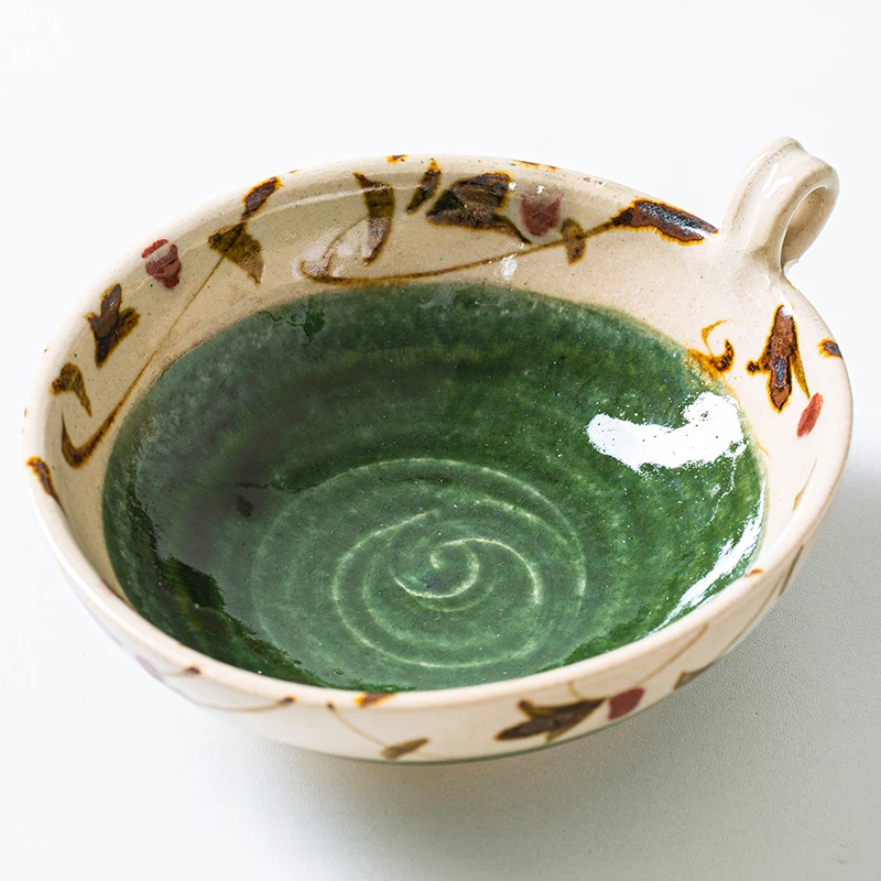小鹿田烧日本进口织部陶味手付钵家用汤碗饭碗餐具日式手柄吃面碗