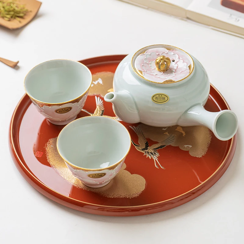 日本进口茶具小鹿田烧手绘文山窑牡丹茶壶茶杯轻奢宫廷风陶瓷套装