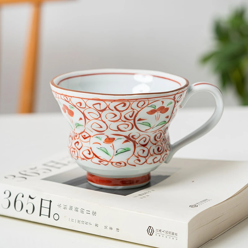 日本原装进口马克杯小鹿田烧日式陶瓷赤绘樱枝喝水杯家用带把杯子