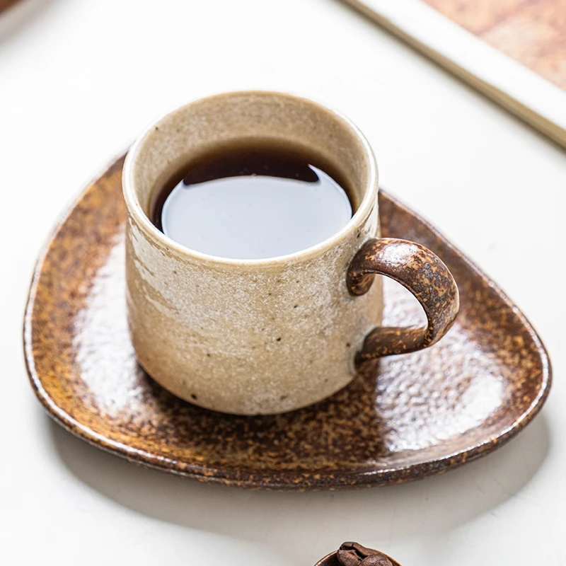 日本进口咖啡杯碟小鹿田烧日式砂地家用办公下午茶喝水杯复古套装