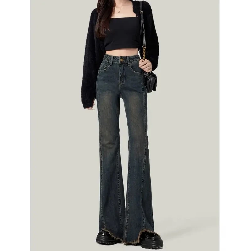 大码高腰微喇百子女春秋复古新款显瘦直筒美式复古马蹄裤弹力修身