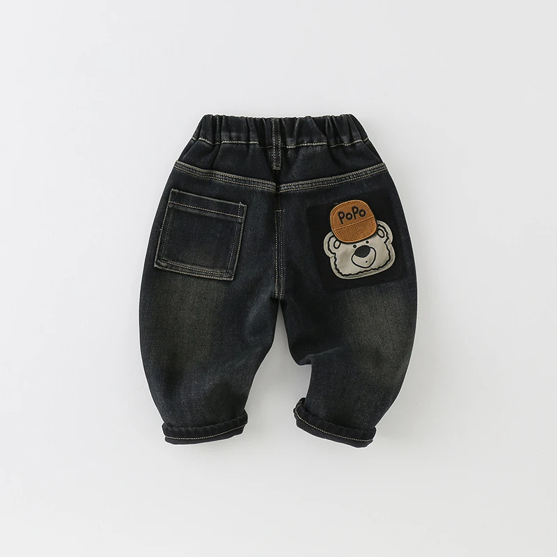 【仟与】儿童加绒牛仔裤冬季2024新款卡通小熊百搭长裤AK901