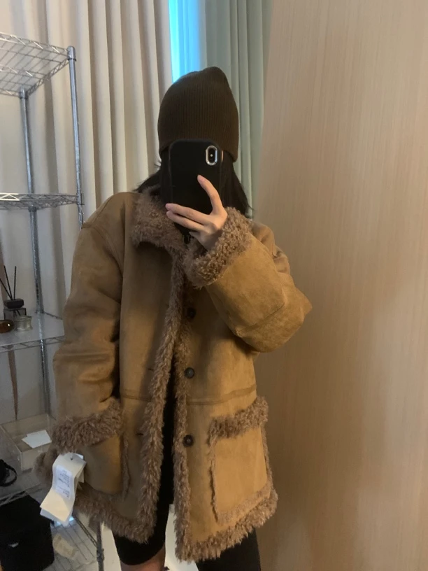 “富婆小姐姐”冬季复古简约皮毛一体加厚外套女毛毛韩系上衣