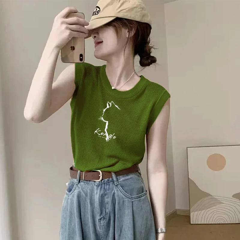 绿色小众无袖圆领刺绣设计感针织T恤上衣女夏季新款时尚外穿背心