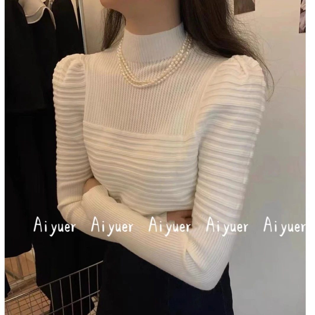 2025半高领针织衫女秋冬设计感小众泡泡袖修身打底衫条纹毛衣上衣