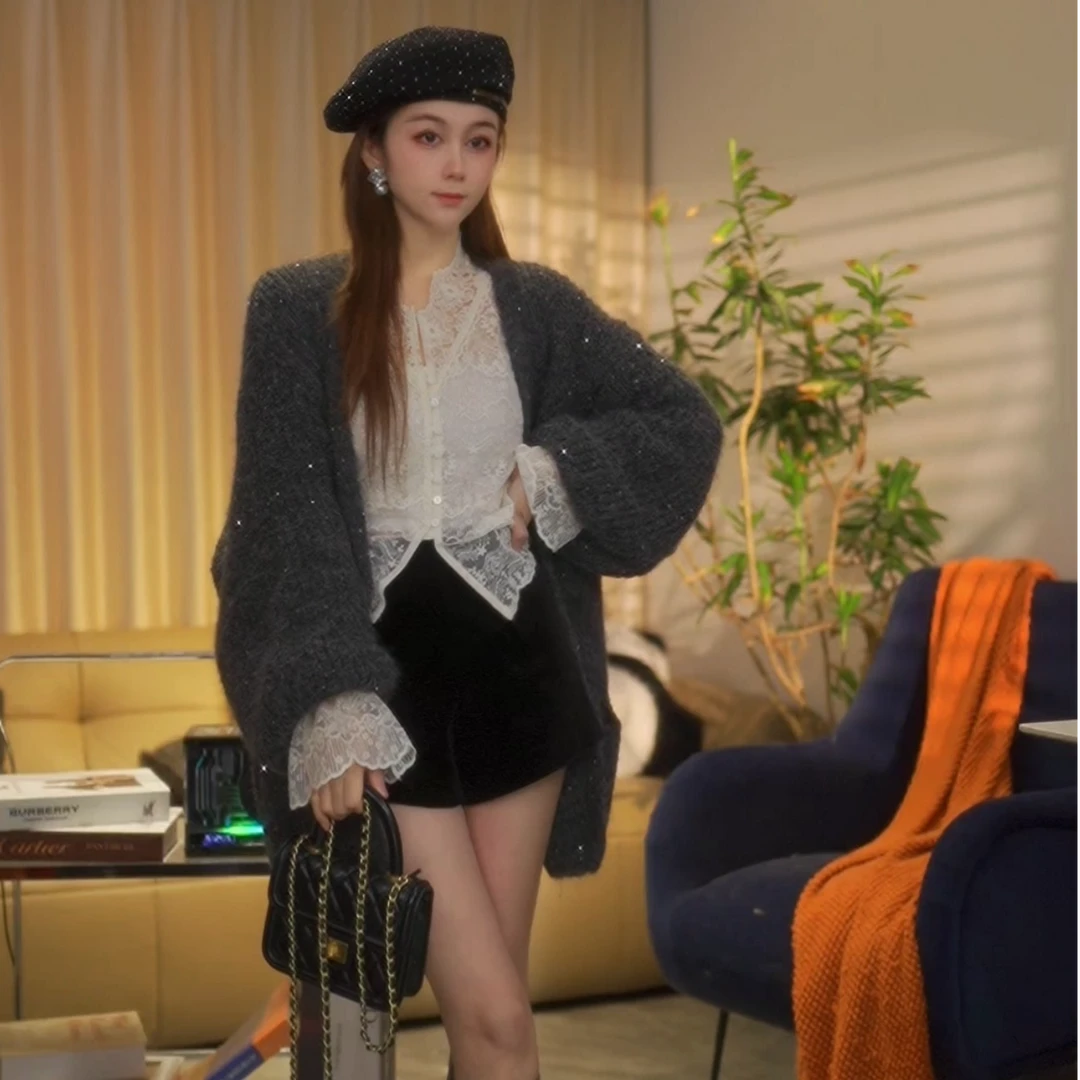 2025秋冬新款慵懒风羊毛马海毛黑色V领中长款腰带毛衣女外套开衫