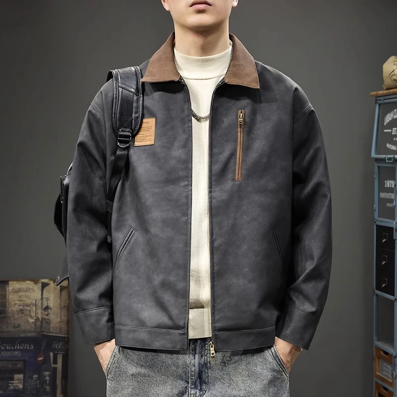 2025秋冬款潮牌宽松夹棉皮衣男美式复古撞色翻领机车pu皮夹克外套