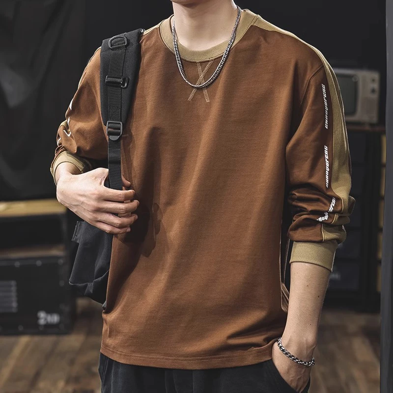 重磅加绒纯棉设计感男士长袖t恤秋冬美式大码复古加厚卫衣打底衫