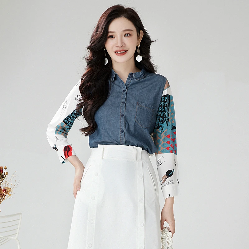 43XA0D0003撞色拼接长袖上衣单排扣Polo领衬衫女2024秋