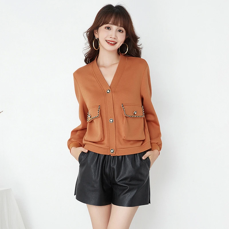 43WZ0K0005弹力修身长袖上衣单排扣V领外套女2024秋