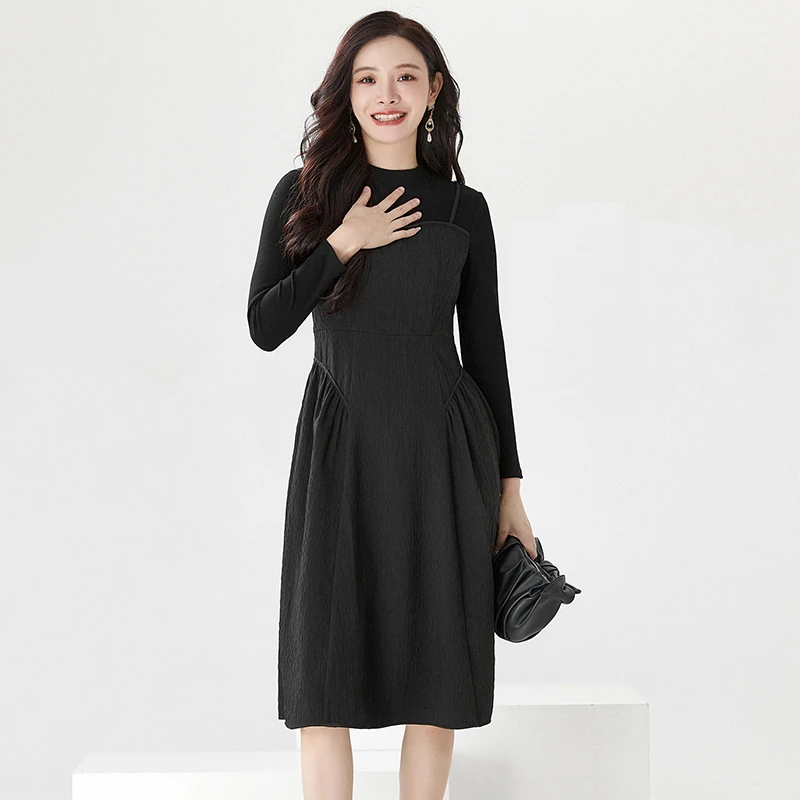 43QH0A0002法式气质拼色裙子高腰长袖连衣裙女2024秋