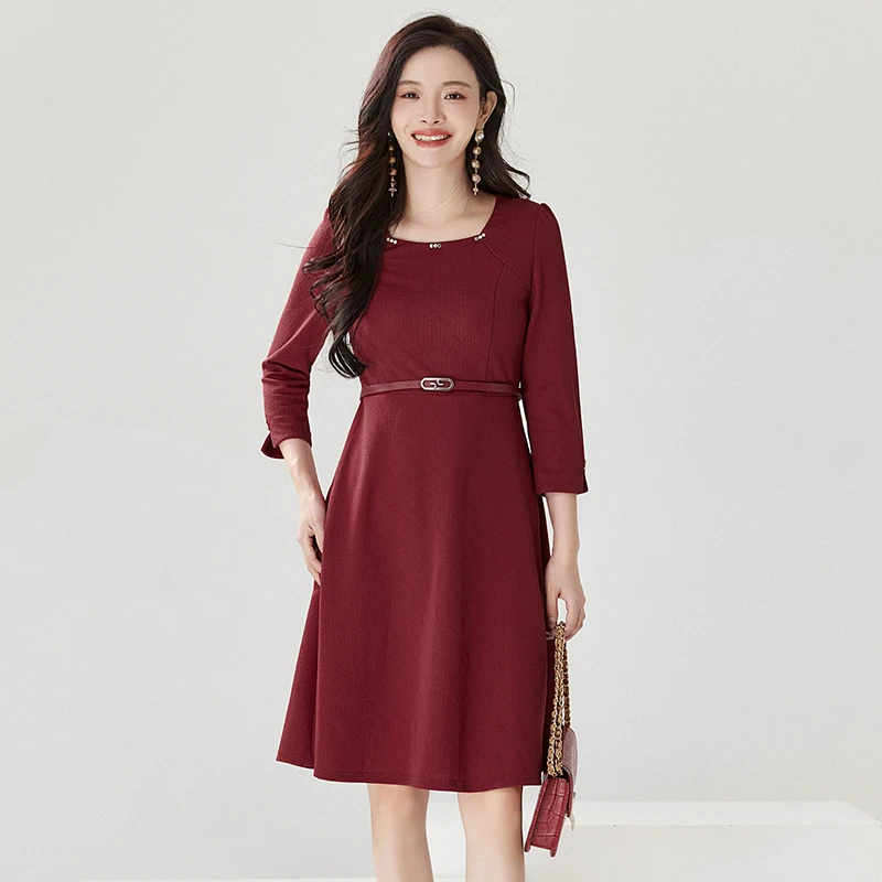 H070优雅气质中裙九分袖裙子连衣裙女43KA0A0005