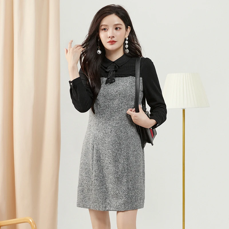 高端撞色拼接裙子收腰长袖连衣裙女43YO0A0004