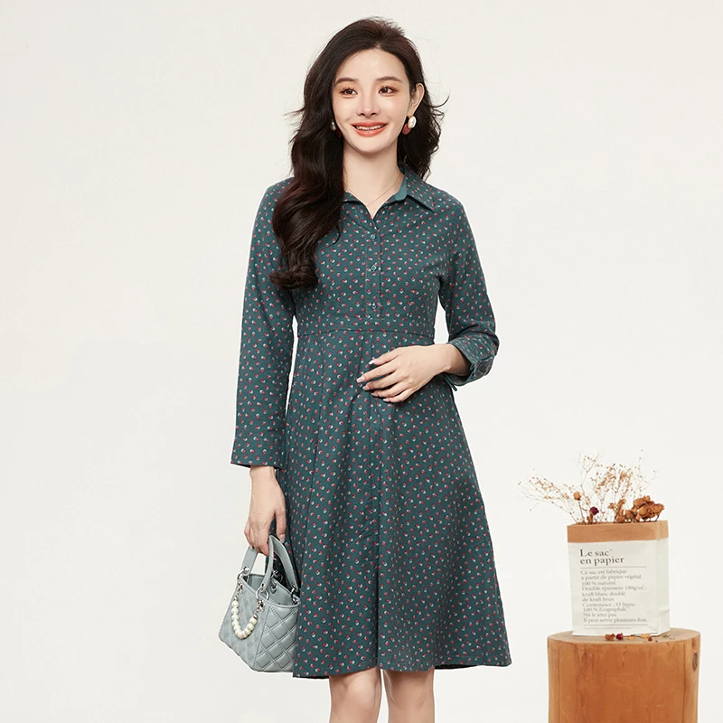 43WU0A0002棉质印花中裙高腰长袖裙子连衣裙女