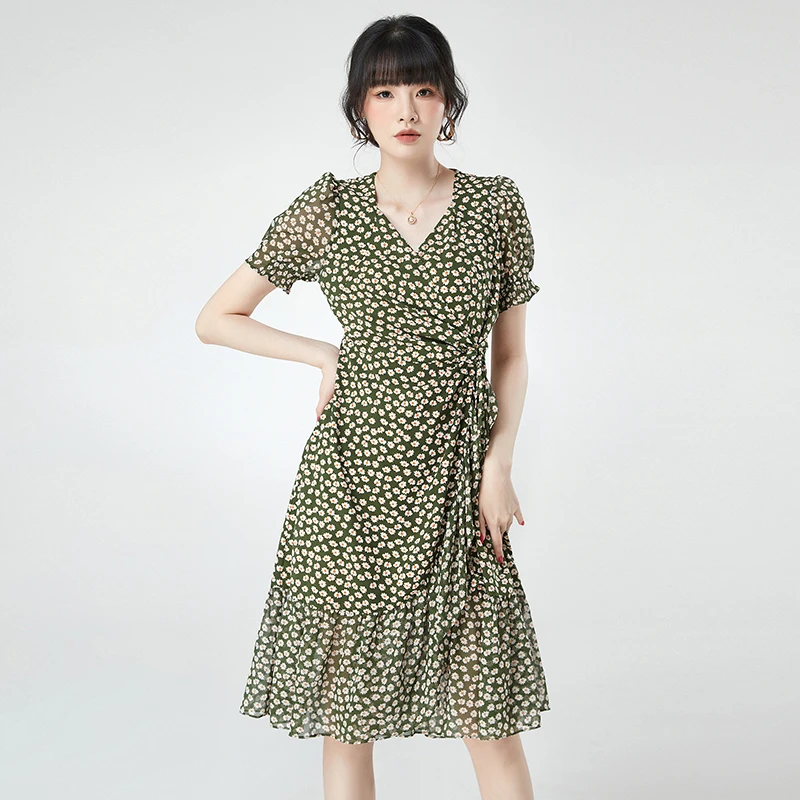 G328温柔气质碎花裙子收腰短袖连衣裙女2024夏42MW0A0004