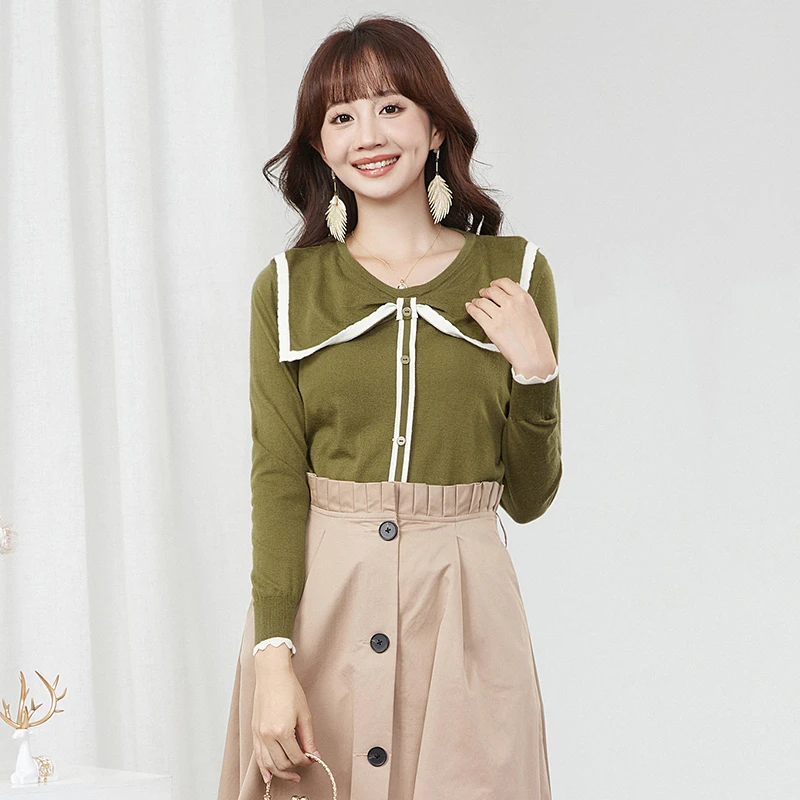 43CH0E0033甜美娃娃领上衣高弹力长袖针织衫女2024秋