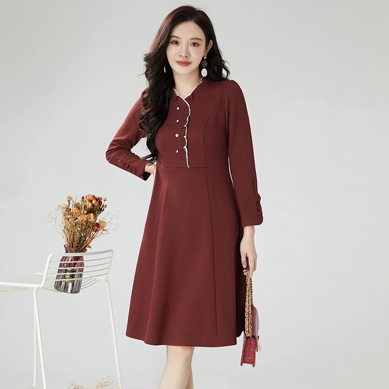 知性优雅长袖中裙木耳领裙子连衣裙女2024秋43XY0A0005