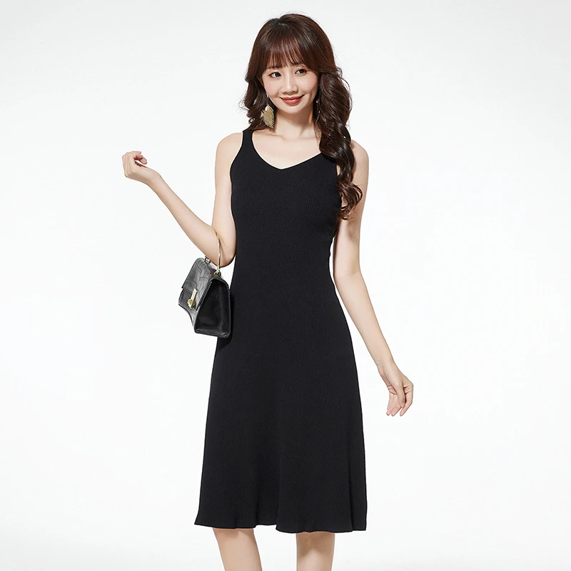 43ZB0A0007高弹力修身中裙无袖V领连衣裙女2024秋
