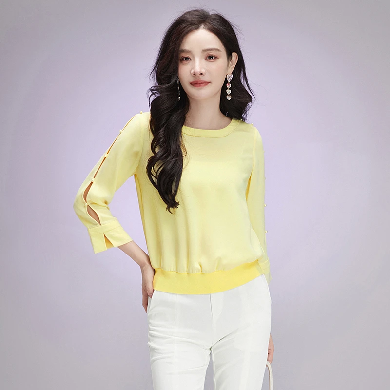 43GS0D0001珍珠点缀上衣九分袖圆领衬衫女2024秋