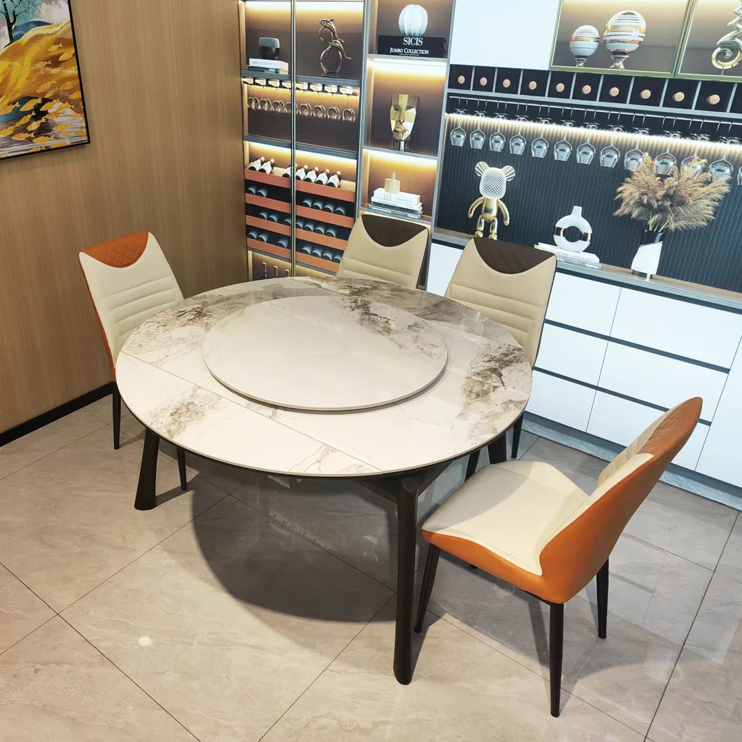 岩板餐桌可伸缩可变圆桌家用简约现代小户型实木折叠餐桌桌椅