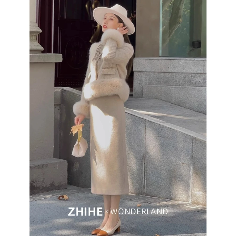 毛呢小香风套装中国风盘扣外套毛毛拼接秋冬羽绒加厚半身裙两件套