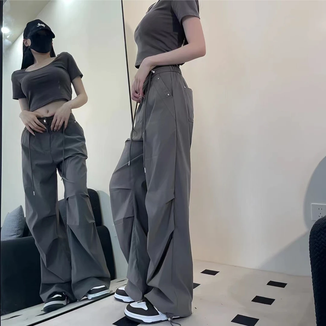 夏季薄款清凉显瘦新款工装裤抽绳多巴胺速干裤百搭高腰休闲阔腿裤
