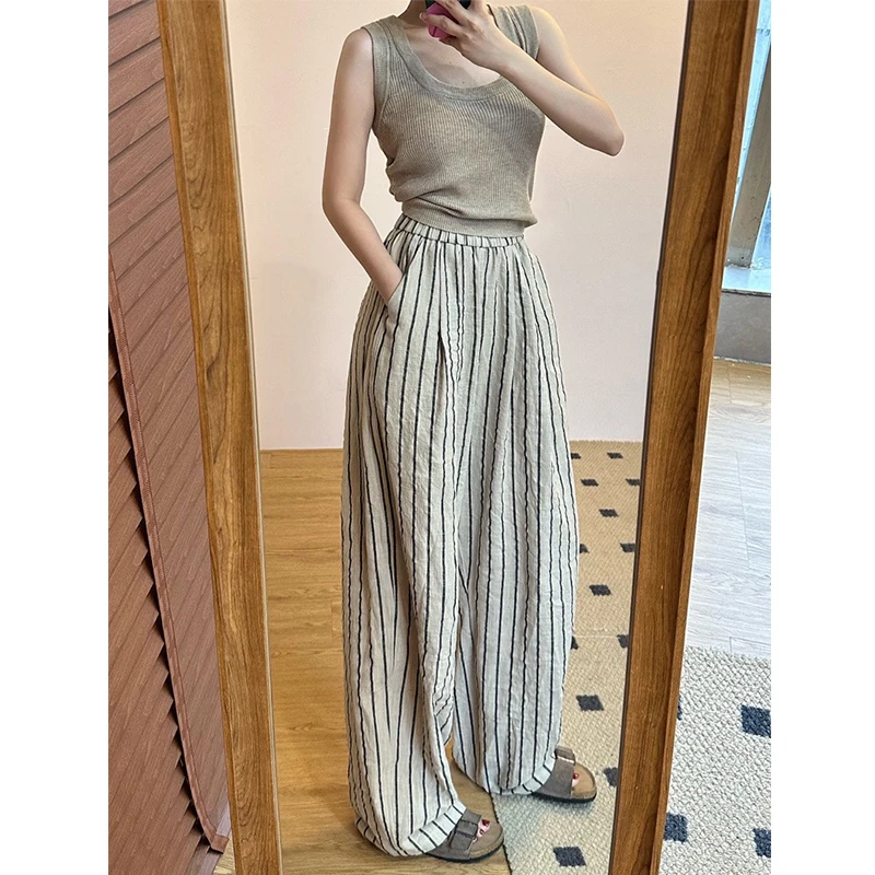 日系棉麻条纹裤夏季女薄款裤松弛感休闲裤有垂感遛弯裤透气阔腿裤